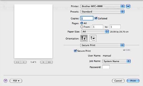 Imprimarea şi trimiterea faxurilor Imprimarea securizată (Mac OS X 10.5.x 10.6.x) 7 Documentele securizate sunt documente protejate prin parolă în momentul trimiterii către aparat.
