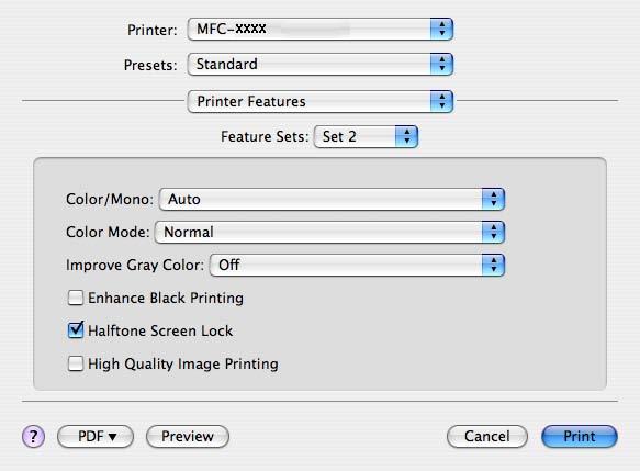 Imprimarea şi trimiterea faxurilor Feature Sets: Set 2 (Seturi de caracteristici: Set 2) Color/Mono Puteţi modifica opţiunile Color/Mono astfel: Auto (Automat) Imprimanta verifică ce culori sunt