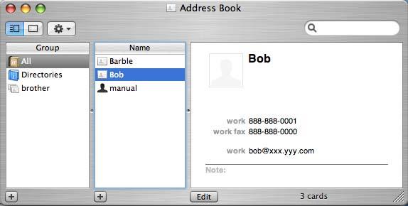 Imprimarea şi trimiterea faxurilor Trageţi o carte de vizită vcard din aplicaţia Mac OS X Address Book (Mac OS X 10.3.9 10.4.