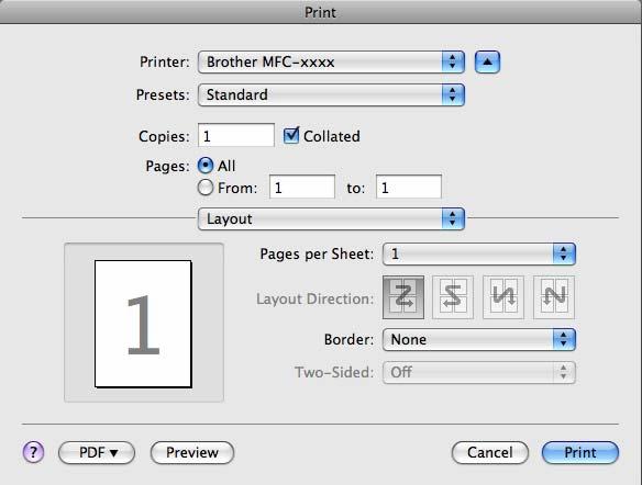 ControlCenter2 (Mac OS X 10.3.9 10.4.x) Pentru a copia, selectaţi din meniul contextual Copies & Pages (Copii şi pagini).