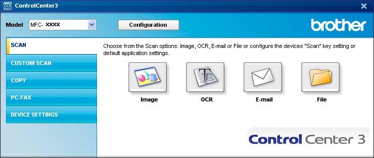 ControlCenter3 SCANAREA 3 Sunt disponibile patru opţiuni de scanare: Scan to Image (Scanare către Imagine), Scan to OCR (Scanare către OCR), Scan to E-mail (Scanare către E-Mail) şi Scan to File