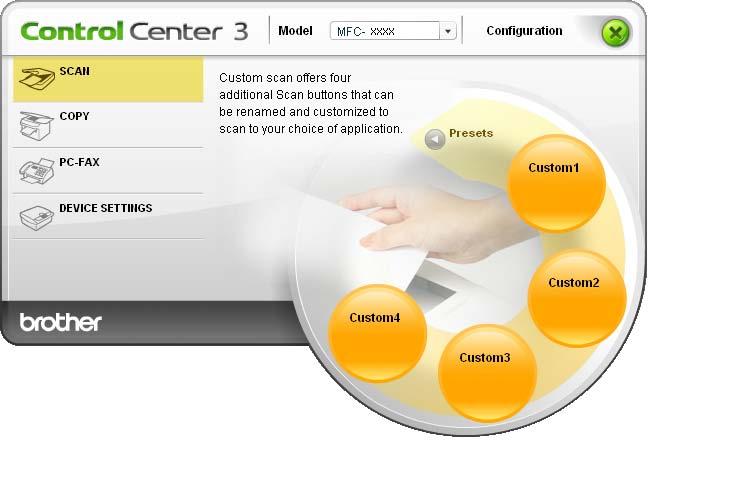 ControlCenter3 SCANAREA PERSONALIZATĂ 3 Opţiunea CUSTOM SCAN (SCANARE PERSONALIZATĂ) vă permite să vă creaţi propriile opţiuni de scanare.