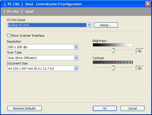 ControlCenter3 Trimitere 3 Butonul Send (Trimitere) vă permite să scanaţi un document şi să trimiteţi automat imaginea ca un mesaj fax de pe calculator folosind pachetul software Brother PC-FAX.