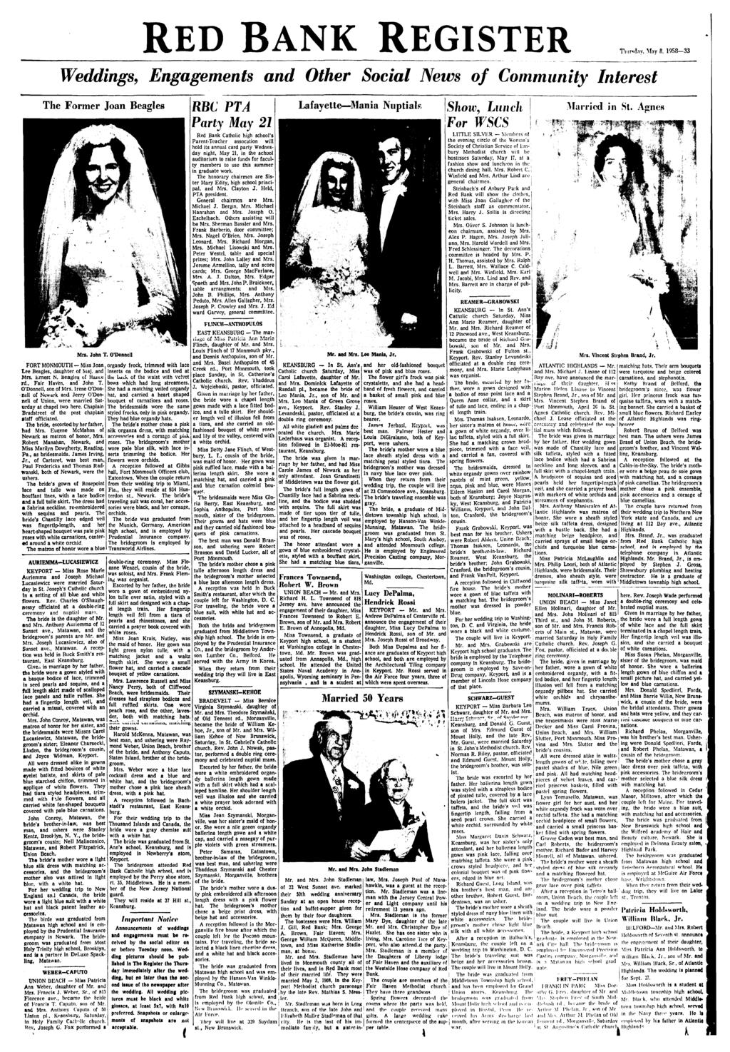 RED BANK REGISTER Thnriday, May 8 : 1958 33 Weddings, Engagements and Other Social News of Community Interest The Former Joan Beagles Mrs. John T.