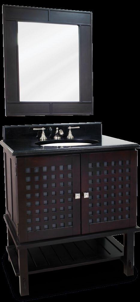 Manhattan Espresso This 31-3/8 wide solid wood vanity has a spa-inspired design with a rich espresso finish, frosted tempered glass inserts and open shelf.