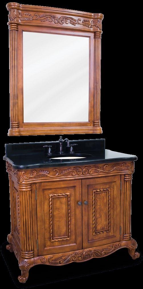 Burled Ornate This 39-1/8 wide solid wood vanity features hand-carved botanical and rope details and framed with reed-style columns.