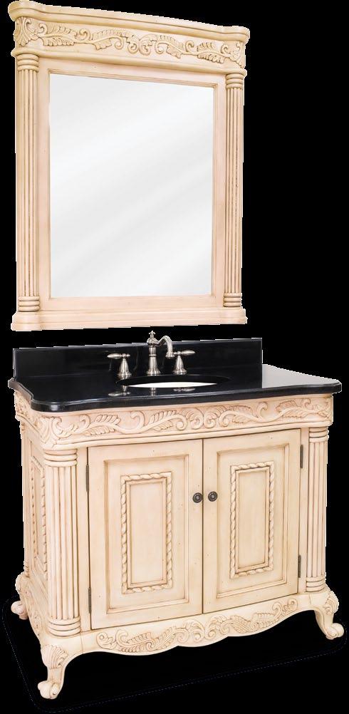 Antique Ornate This 39-1/8 wide solid wood vanity features hand-carved botanical and rope details and framed with reed-style