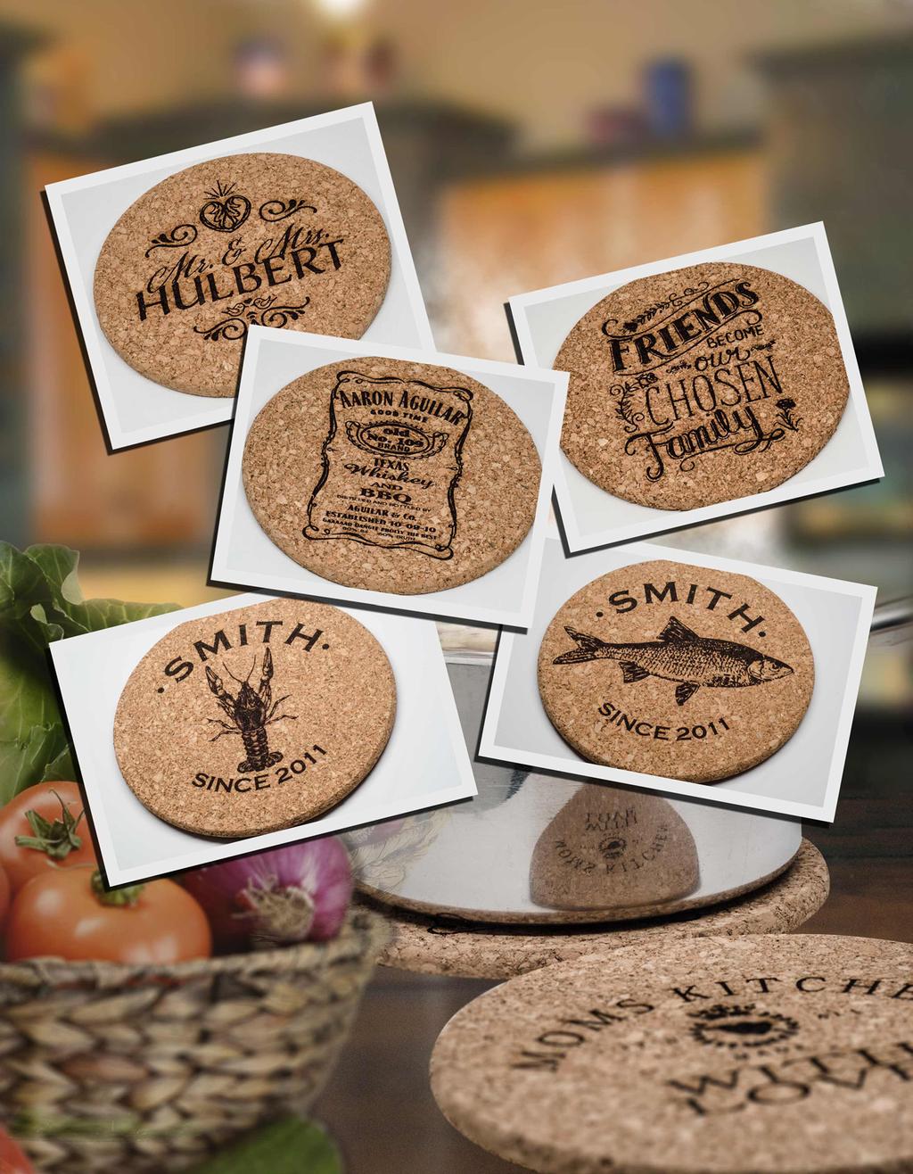 Custom and Stock Trivets are made from cork.