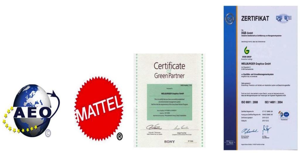 Quality Since 1997 certified according to DIN EN ISO 9001 Since October 2010 certified according to DIN EN ISO 14001 Listing at Mattel as