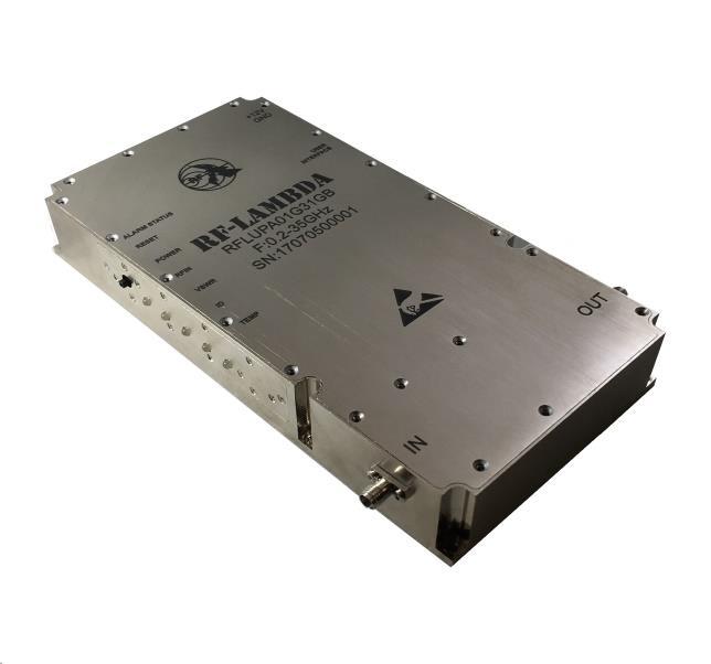 2W Ultra Wide Band Power Amplifier 0.2GHz~35GHz Features Wideband Solid State Power Amplifier Gain: 37dB Typical Psat 35dBm Typical Electrical Specifications, TA = +25⁰C, Vcc = +12V. Parameter Min.