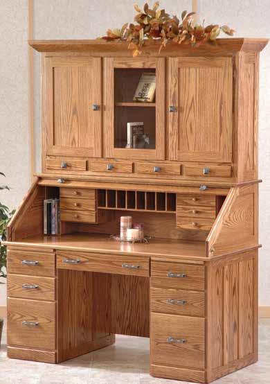 Sierra Rolltop with Hutch SIR3060WH 60"W X 30"D X 81"H Shown in Oak / Saratoga Pencil Tray in Lap Drawer Dual Writing Boards Six Cubby Drawers