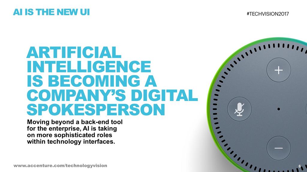 Al IS THE NEW UI #TECHV1SION2017 ARTIFICIAL INTELLIGENCE IS BECOMING A COMPANY'S DIGITAL SPOKESPERSON Moving beyond a back-end