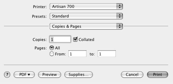3. Click OK to close the Page Setup window. 4. Select Print from the File menu. You see a window like this one: Select Artisan 700 Select Print Settings 5.