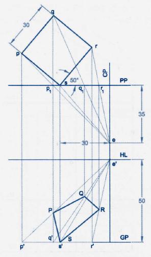 4. A square plane of side 30 mm is resting on ground plane with a corner of the plane touching the picture plane. One side of the plane inclined at an angle 50 o to PP.