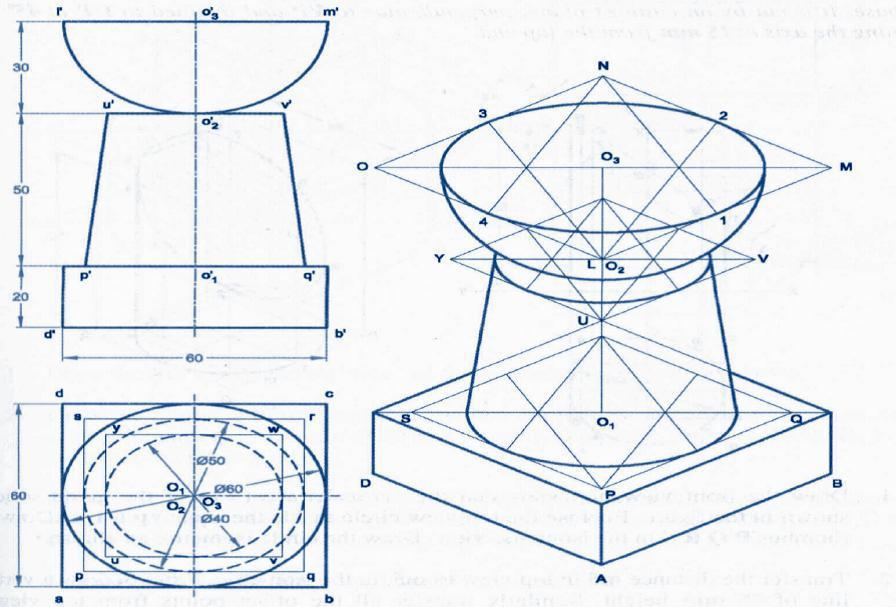 4) Draw the isometric view of a hexagonal pyramid of base of side 30mm and height 65mm resting on its base on the HP