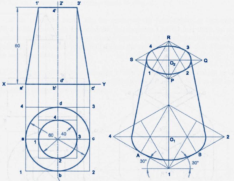 8) Draw the isometric view of a frustum of a cone of bottom base diameter 60 mm, top face diameter 40 mm and height 60