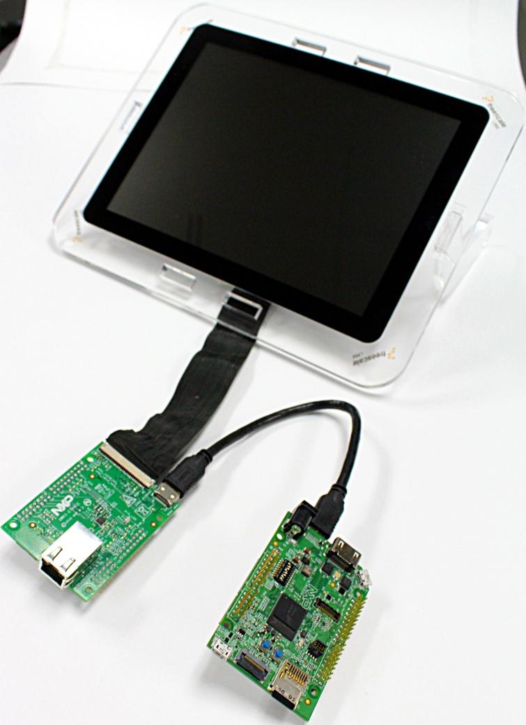 Figure 12. Setup of NXP MCIMX-LVDS1 with the QWKS board and QWKS-ETHACC card 2. The QWKS board by default uses HDMI as display. To use LVDS, change the parameters in uboot.
