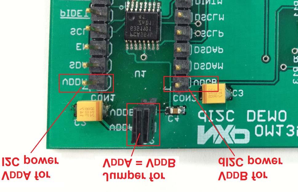 Fig 4. Power connector User application board: CON1 pin VDDA is for the I 2 C-bus power and CON2 pin VDDB is for di2c-bus power.
