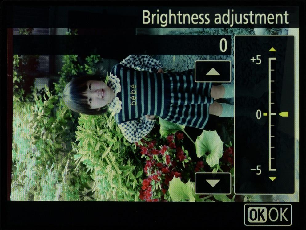 adjustment display. Exposure can be adjusted by ±5 EV. Adjusting brightness: Press OK to adjust brightness. Adjusting brightness: Choose a value between +5 and 5 and press OK.