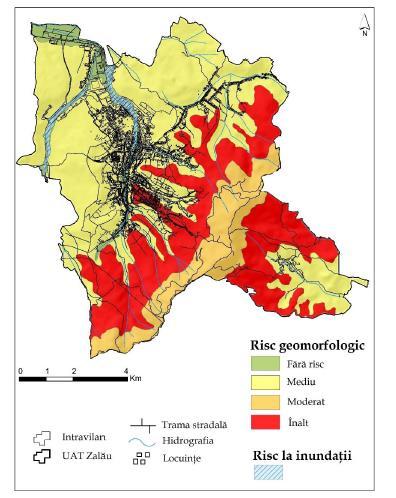 Harta 1: Determinarea riscului geo-morfologic și la inundații Sursa: Pop, A-M, Municipiul Zalău. Morfologia şi amenajarea spaţiului urban, Teză de doctorat, 2014.