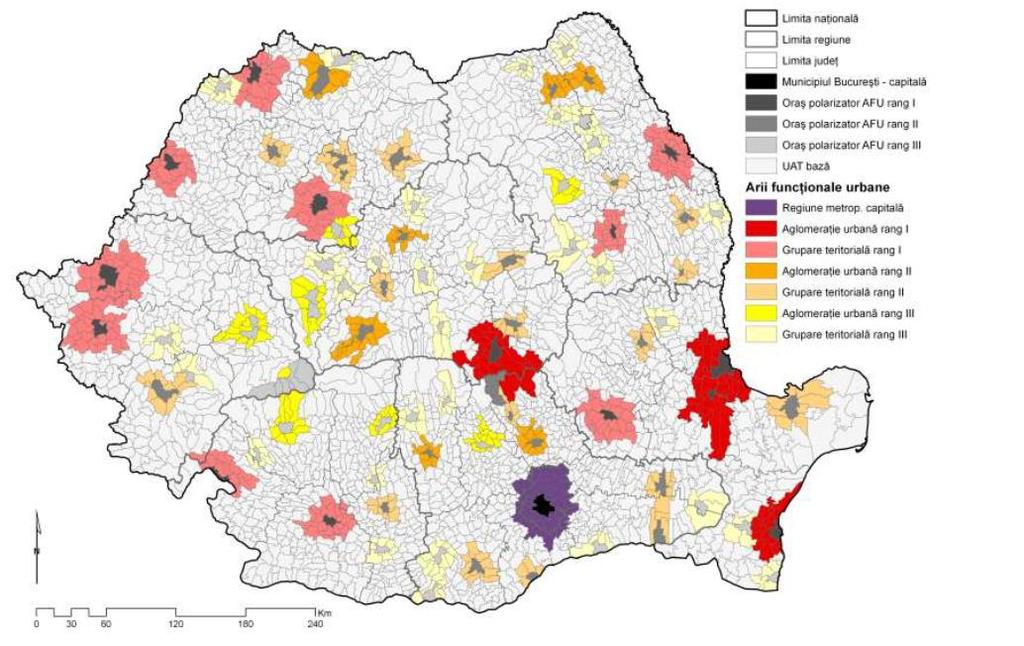 Harta 9: Distribuția ariilor funcționale urbane la nivel național Sursa: Studiu de fundamentare în