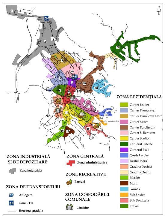 Figura 3: Zonificarea funcțională a municipiului Zalău, cu evidențierea cartierelor Sursa: