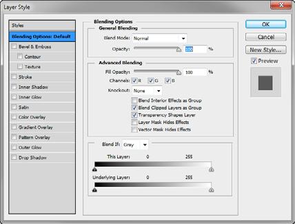 To apply blending options to a layer: 1. Open an image with at least two layers. 2. Click the top layer to select it. 3. Choose Layer > Layer Style > Blending Options.
