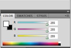 COLOR, SWATCHES, STYLE The Colour palette displays the current foreground and background colors and RGB values for these colours.