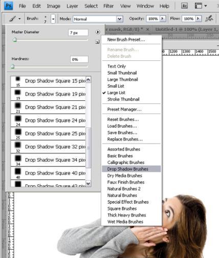 Once this window opens you need to click the right arrow button at the top right of the options to open up a drop down menu. From the list select Drop Shadow Brushes.