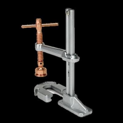 SPARK DUTY J-SERIES F-CLAMPS J-SHAPED RAIL: Steps over I-Beams and irregular shapes SPARK-DUTY COPPER-PLATED SPINDLE: Extends the life of the clamp by protecting the spindle and pad from harmful