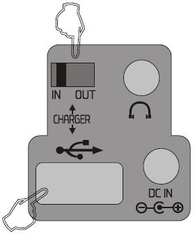 2. Charging via USB (USB cable not included) There are two functions that can be charged via USB: a) Charge In: Select IN switch on the back of the unit to charge the rechargeable Ni-MH batteries