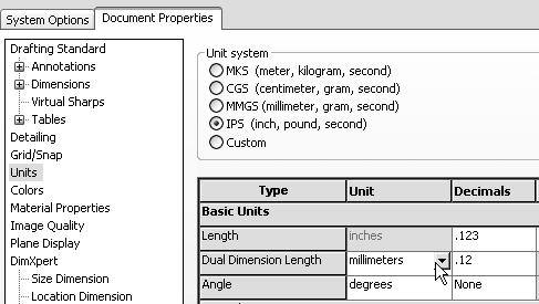 Engineering Design with SolidWorks 2010 Set the part units for inch. 12) Click Units. 13) Select IPS for Unit system. 14) Select.123 for Basic unit length decimal place.