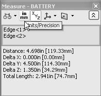 Standardize on feature names that are utilized in mating parts. Example: Mounting Holes. Measure the overall BATTERY height. 161) Click Front view from the Heads-up View toolbar.