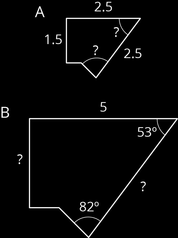 What is the scale factor from Polygon A to Polygon B? Explain your reasoning. 2. Find the missing length of each side marked with? in Polygon B. 3. Determine the measure of each angle marked with?