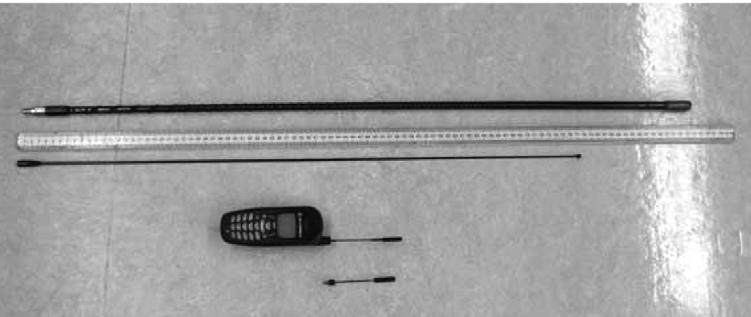 Figure 2: Antennas from three radio devices: CB (top), FM Car Radio (middle), Cell Phone (bottom). Device Carrier Frequency Antenna Length CB Radio 27 MHz ~3m FM Car Radio 88 thru 108 MHz ~0.