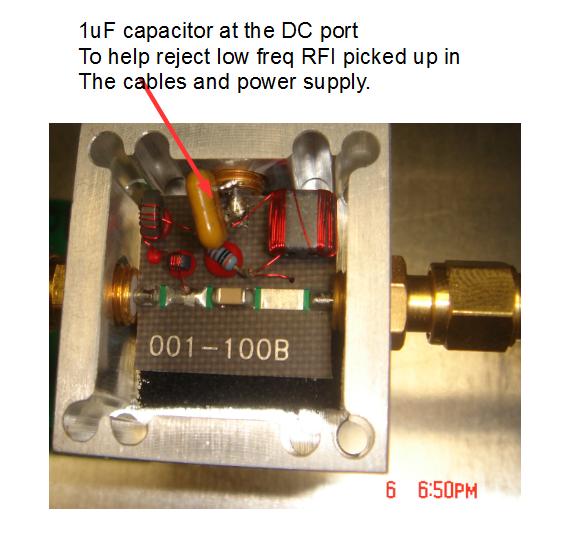 This was caused by a low bypass capacitance on the DC port of the bias tee, a capacitor was mounted on the bias tee to cut the FM band signals. Fig24. shows an inside view of the modified bias tee.