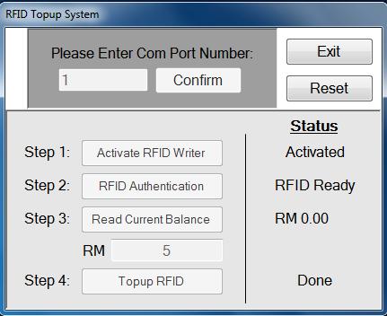 Figure 7 shows the RFID top up system, Figure 8 shows the GUI window designed to top up any values on the RFID card, Figure 9 shows the RFID power