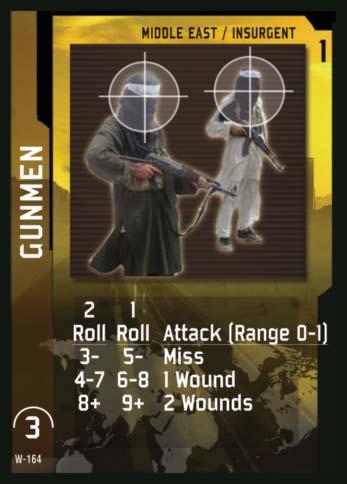 You inflict 1 Kill on the Gunmen card. Attack Example #2 - You select Semi Mode, and roll a 4, and you roll a Defeat Cover of 5.