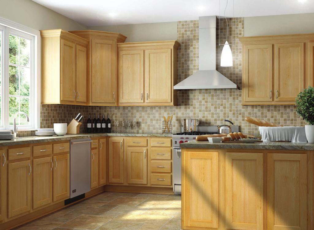 With its blonde color and maple recessed panel doors, Mellowood
