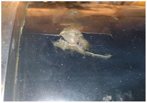 Photo shows one of the bubbles after cracking - here a damage of 50 x 80mm and 2-3 mm deep. 2. 3.