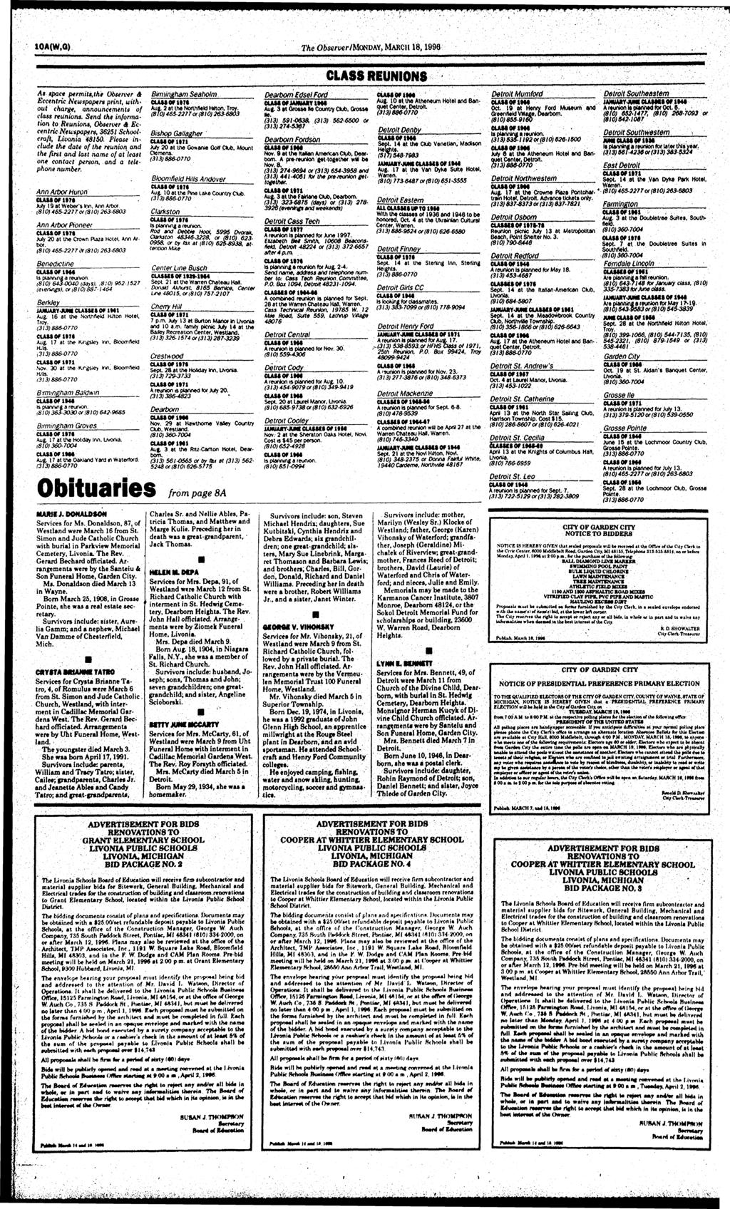 : -.. wr* 10A(W,Q) T/e06s rwr/monday, MARCH 18,1990 M space perts,the Observer dr Eccentrc Newspapers prnt, wthout charge, announcernenu of class reunons.