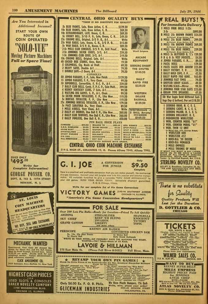 100 AMVSEMENT MACHINES The Billboard July 29. 1944 4 Are You Interested in Additional Income? START YOUR OWN ROUTE OF COIN OPERATED "SOLO -111E" Moving Pitinre 31a(hines Full or Spare Time!