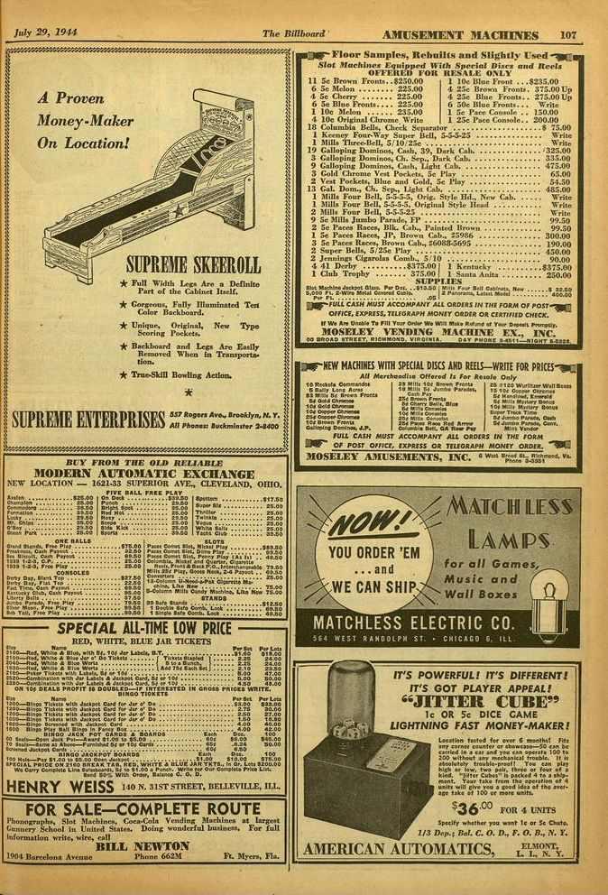 4s July 29, 1944 The Billboard AMUSEMENT MACHINES 107 A Proven Money -Maker On Location! SUPREME SKEEROLL * Full Width Legs Are a Definite Part of the Cabinet Itself.