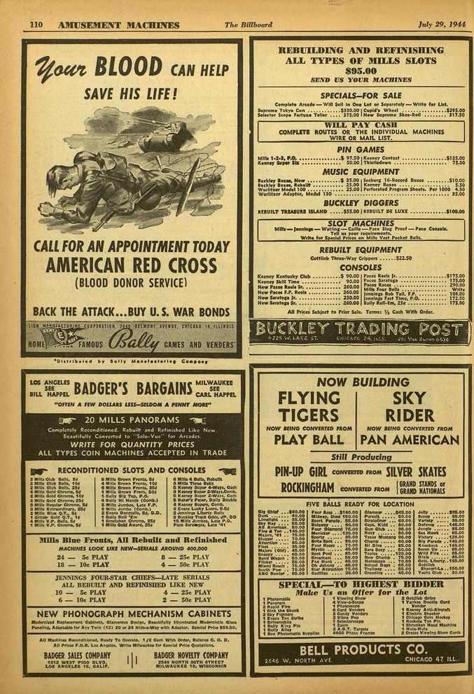110 AMUSEMENT MACHINES The Billboard July 29, 1944 *weer BLOOD CAN HELP SAVE HIS LIFE! CALL FOR AN APPOINTMENT TODAY AMERICAN RED CROSS (BLOOD DONOR SERVICE) BACK THE ATTACK...BUY U.S. WAR BONDS ICCTIO Oc 66113131103 0.