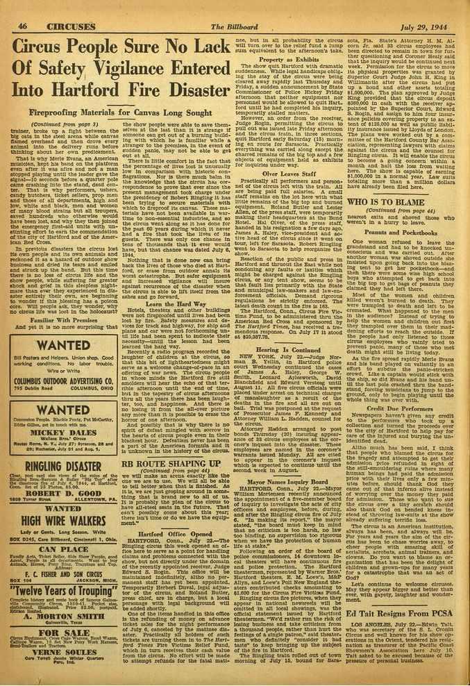 July 46 CIRCUSES The Billboard, Circus People Sure No Lack Of Safety Vigilance Entered Into Hartford Fire Disaster Fireproofing Materials for Canvas Long Sought (COMIssued from page 3) traner, broke