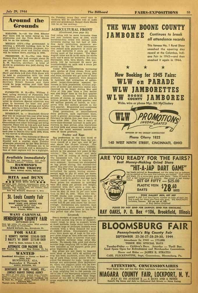 !or 29, 19 f The Billboard FAIRS -EXPOSITIONS 53 Around the Grounds 12XADF.P., Is.-At the 1944 Elkeeke Fair there will be horse racing on two afterneona and the Twin River Shows will be on the midway.