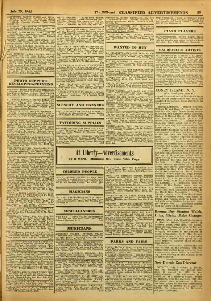 July 29, 1944 The Billboard CLASSIFIED ADVERTISEMENTS 59 pocklre STAM /1. 00; Rea 111.21; ZA roopst t.t.` /NO,. Morel TOMMIE - 'tarn agar moor!. Trio, toiler. 0/.06: 116" Slot SAAR.. $1014 00 11s010 1.
