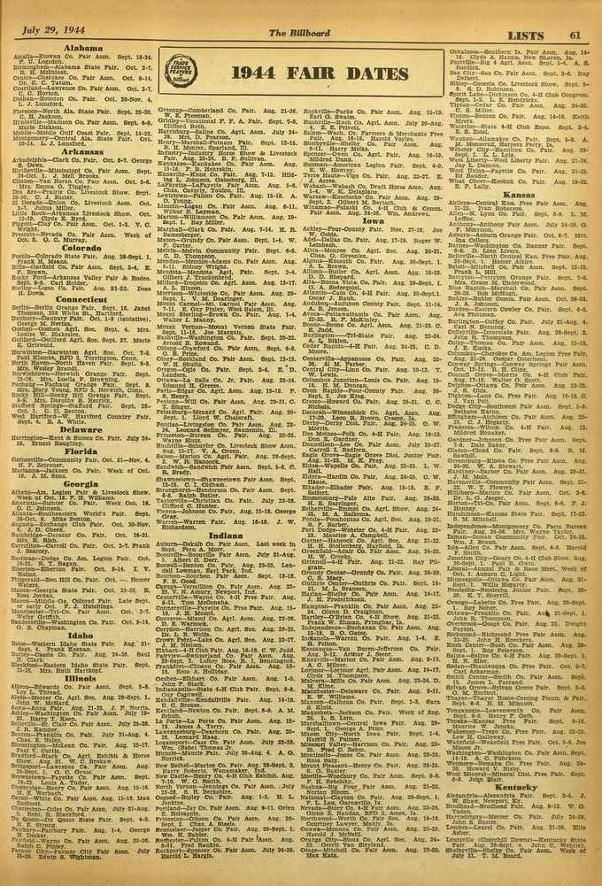 July 29, 1944 The Billboard LISTS 61 Alabama AttaIla-Stowan Co. Pan Aura. Sept. 11-24. la ti IL Lourdon. nghsn,a -Alabama Bute Pair. Oct. 2.7. Ban H. Wnto n% Centre. Da..Cherokee Co. Pan Aun. OR. 9.