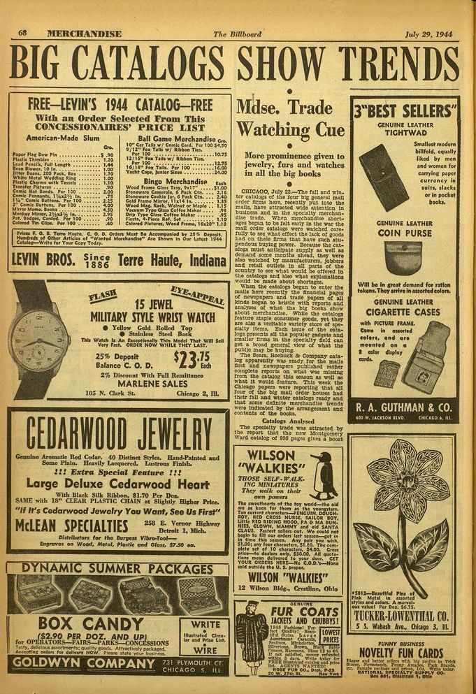 68 MERCHANDISE The Billboard July 29, 1944 BIG CATALOGS SHOW TRENDS FREE-IBM'S 1944 CATALOG -FREE With an Order Selected From This CONCESSIONAIRES' PRICE LIST American -Made Slum taint r1i,t Dow Pin