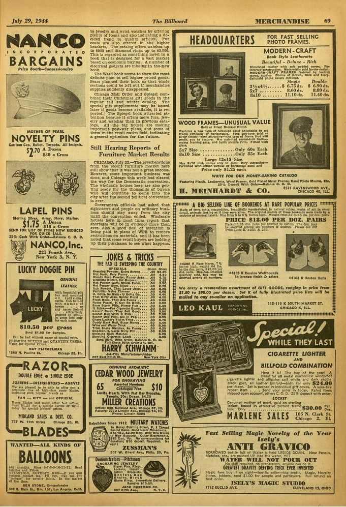 July 29, 1944 The Billboard 'AtIlERCIIANDISE 69 MANC 1 NCORPORATIO BARGAINS Prise Booth -Concessionaire 1. 1V MOTHER OF PEARL NOVELTY PINS asalson Cop. gullet. Torpedo. All I0%411.